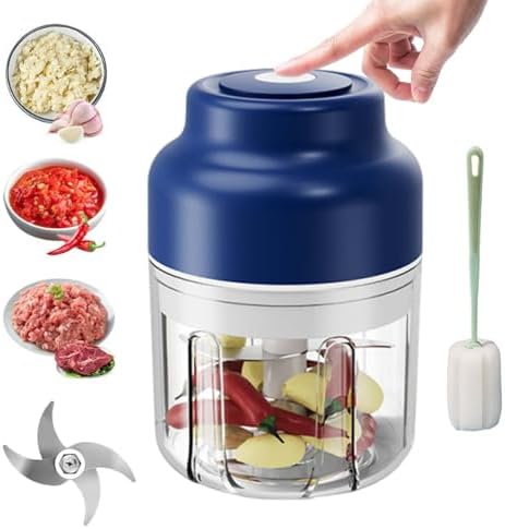 Electric Garlic Chopper, Mini Food Processor, Mini Portable Veggie Chopper with 4/6 Stainless Steel Blades, Rechargeable Small Food Processor for Garlic, Onion, Chili, Ginger, Nuts (Blue, 250ML) by WarmCozyHome