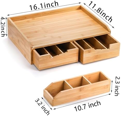 Bamboo 2 Drawer Coffee Pod Organizer with Side Box for K Cup Tea Bag
