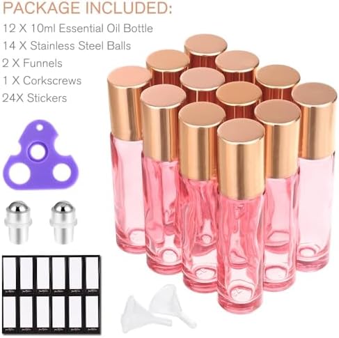 PrettyCare 12 Pack, 10 ml Essential Oil Roller Bottles with Stainless Steel Roller Ball - Refillable Leak-proof Empty Thick Pink Glass Roll on Bottles with Metal Caps for Travel, Perfume - Image 2