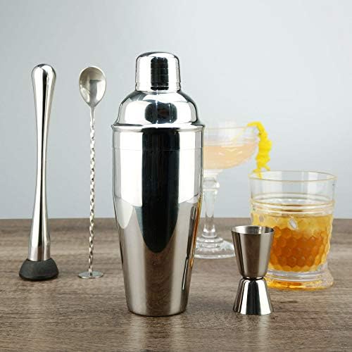 Professional Bartender Kit - 6PC Premium Cocktail Stainless Steel Shaker Set - 24oz Martini Shaker Gloss Finish, with Muddler, Stirring Spoon, 2X Wine Pourer, and Double Jigger