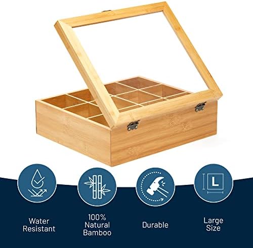 Natural Bamboo Tea Storage Organizer, Clear Acrylic Top, 12 Compartments