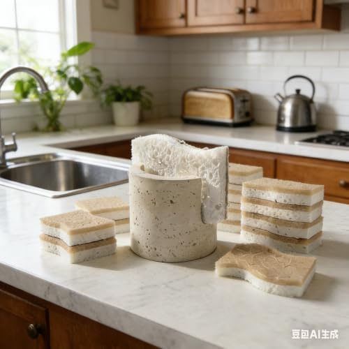 Natural Travertine Sponge Holder w/ 12 Plant-Based Kitchen Sponge Scrubber