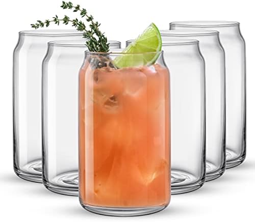 Drinking Glass Cups Set of 6-16oz Beer Can Glasses. Clear Soda Can Shaped Glass Cups, Cute Iced Coffee Cup Tumblers, Cold Drink Glassware, Unique Water, Tea, Cocktail Glass Set