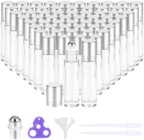 PrettyCare Set of 60, 10 ml Essential Oil Roller Bottles with Stainless Steel Roller Ball - Bulk Refillable Leak-proof Empty Clear Glass Roll on Bottles with Silver Metal Caps for Travel, Perfume by PrettyCare
