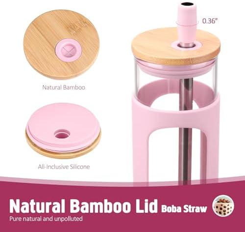 24oz Glass Tumbler with 2 Lids and Straws, Glass Cup With Bamboo Lid and On-the-go Lid, Reusable Iced Coffee Cup, Ideal for Smoothie, Cold Drinks, Fit Cup Holder, BPA Free (1, Pink)