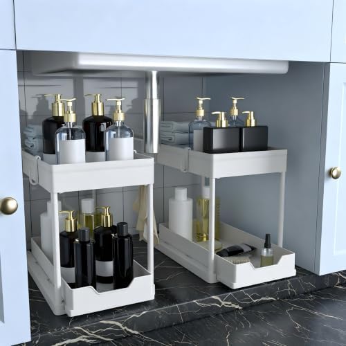 Cabinet, 2 Pack Under Sink Organizer, 2 Tier Sliding Bathroom Kitchen Organizer, Large White ABS Baskets, Easy Install & Clean