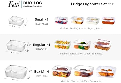 Duo Loc Meal Prep Container for Refrigerator, Leak Proof Stackable Kitchen Tupperware for Leftovers Food Storage Travel Lunch Container, Christmas Gift for Her (Fridge Organizer 12pk)
