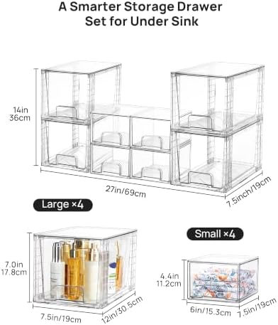 8 Pack Clear Pull-Out Under Sink Organizer Set (4 Large & 4 Small)