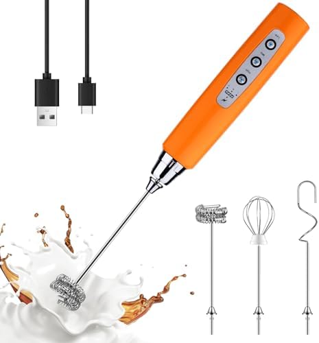 YUSWKO Fluorescence Orange Handheld Milk Frother Wand for Coffee, Rechargeable Electric Whisk with 3 Heads 3 Speeds Drink Mixer Coffee Frother For Latte, Cappuccino, Hot Chocolate, Egg by YUSWKO