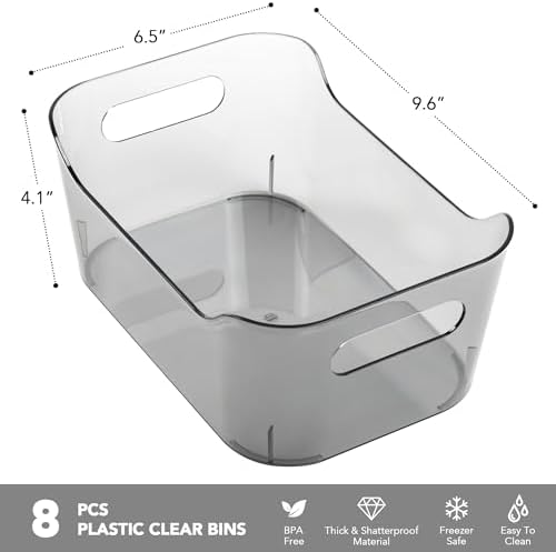 8 Pack Plastic Storage Bins, Clear Pantry Organizers and Storage Containers, Multi-Use Organizer Bins for Kitchen, Bathroom, Office, Shelf, Fridge, Home Edit and Cabinet Organizers