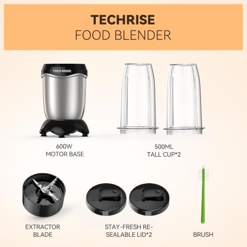 TechRise 600W Personal Blender, Smoothie Blender with 2 x 17oz Portable Cups with Sip Lids, Stainless Steel Blade, for Smoothies Shakes Ice Crushing, Baby Food, Dishwasher Safe Portable Small Blenders - Image 7