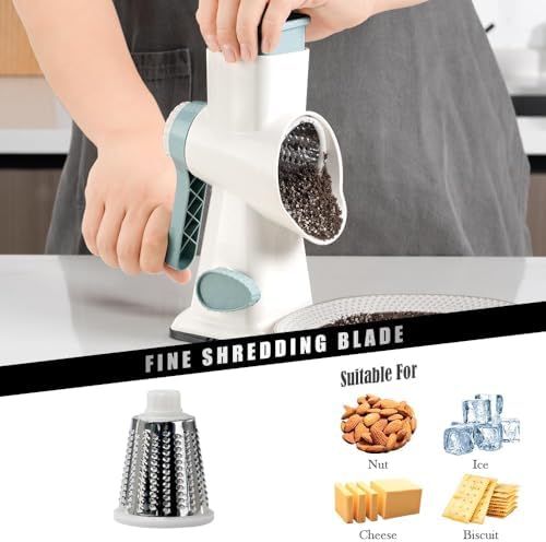 Badelite Cheese Grater Hand Crank Rotating Cheese Shredder Stainless Steel Vegetable Slicer Grater for Kitchen 3 Blades for Cheese, Carrot, Cucumber, Nuts, Chocolate, White - Image 4
