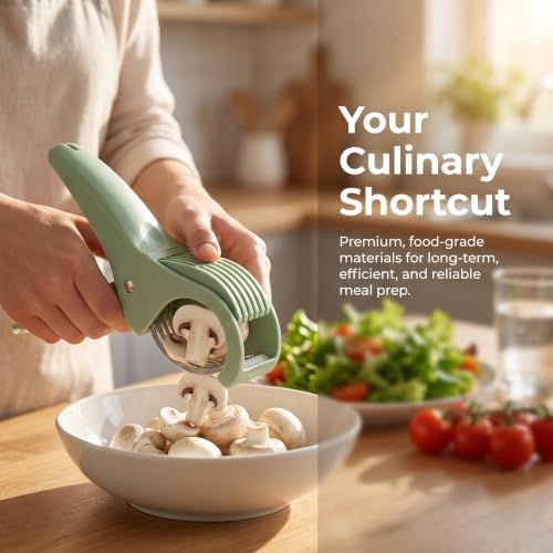 Manual Food Slicer, Stainless Steel Kitchen Cutter Ideal for eggs, strawberries, kiwis, and mushrooms Effortless press-and-slice design Space-saving hanging hook (Green) - Image 5