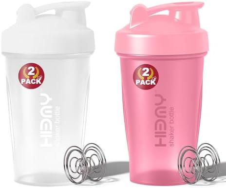 [ 2 Pack 400 ml / 12 OZ Protein Shaker Bottles for Protein Mixes, 2 x Whisk Ball | Shaker Cups for Protein Shakes | BPA Free, 100% Leak Proof, No Smell | Small Shake Bottle (D) White/Pink by Unknown