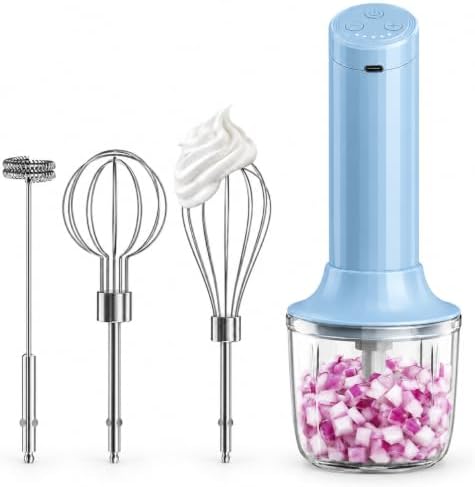 Cordless Hand Mixer, 4-in-1 Handheld Electric Mixer with Electric Whisk Frother & 10 oz Mini Food Chopper, USB-C Rechargeable 4-Speed Hand Mixer for Eggs, Cream, Coffee & Small-Batch Prep by PowCube