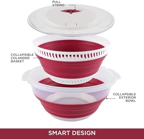 Collapsible Salad Spinner - 4 QT Space Saving Lettuce Dryer with Folding Collapsible Colander Great for Washing and Drying Fruit and Vegetables (Rose)