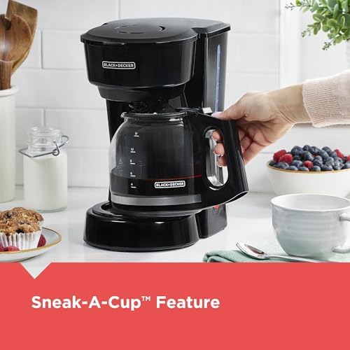 BLACK+DECKER 12-Cup Coffee Maker with Easy On/Off Switch, Easy Pour, Non-Drip Carafe with Removable Filter Basket, Vortex Technology, Black