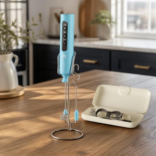 Rechargeable Milk Frother with Stand, 4 Interchangeable Whisks & Travel Case – Handheld Mixer for Lattes, Matcha, Hot Chocolate, Eggs & Protein Shakes by NewEnglandStories