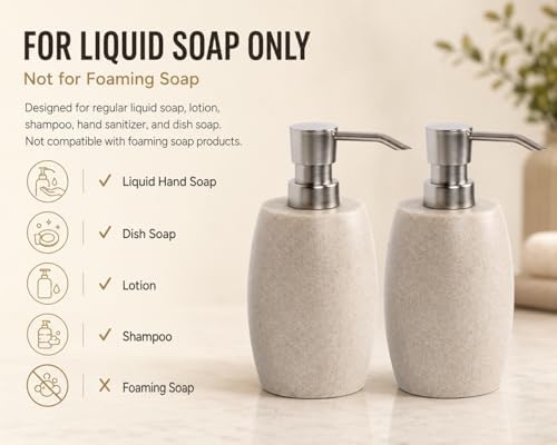 Sandstone Textured Resin Soap Dispenser with Metallic Pump and Waterproof Bottle Labels for Bathroom Kitchen Dish Hand Wash Shower Lotion Shampoo, 12 Oz, 2 Sets Beige