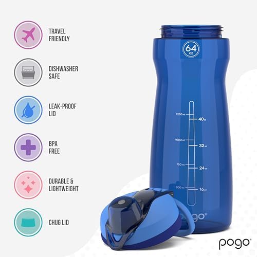 Pogo 64oz Plastic Water Bottle with Chug Lid and Carry Loop, Blue - Image 3