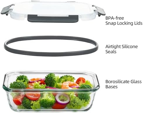 Glass Meal Prep Containers 10 Pack 22Oz with Airtight Lids Grey