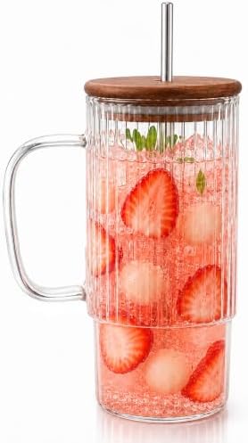 32oz Ribbed Glass Tumbler with Handle, Upgraded Acacia Wood Lid and Stainless Steel Straw, Clear Glass Cup for Iced Coffee, Matcha Latte, Smoothies, Tea, Hot & Cold Drinks