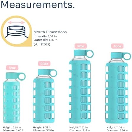 40oz / 32oz / 22oz / 12oz Borosilicate Glass Water Bottle with Time & Volume Markers, Silicone Sleeve, Stainless Steel Lid | Reusable Glass Bottle for Water & Juice