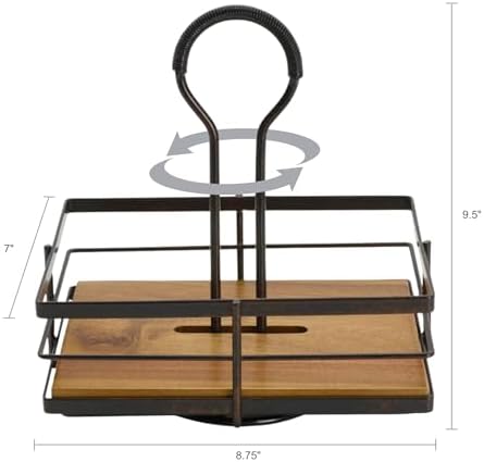Nova Rotating Condiment Caddy, Handcrafted Iron and Acacia Wood Table Organizer with Spinning Platform and Carrying Handle, Contemporary Black Finish, 8.75 x 7 x 9.25 Inches