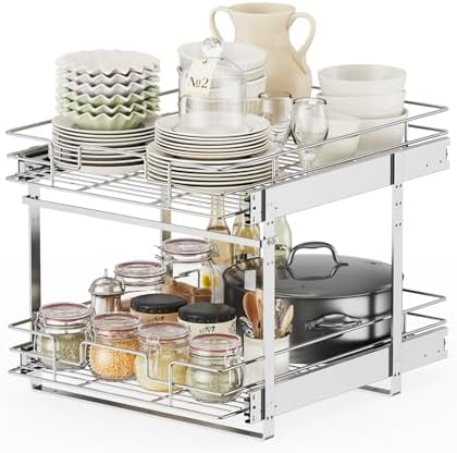 Slide Out Cabinet Organizer for Kitchen, 2 Tier Pull Out Shelves Sliding Cabinet Organizer and Storage, Chrome (16.5" W x 20.5" D)