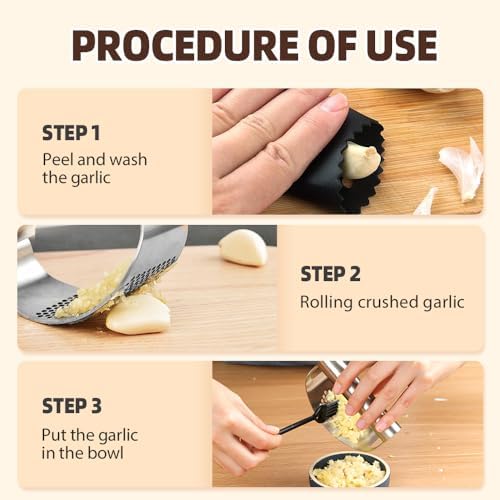 Stainless Steel Garlic Press, 2026 Upgraded Garlic Press Stainless Steel, Garlic Press Rocker, Portable Manual Garlic Crusher, Stainless Steels Garlic Mincer tool with Peeler and Brush (1 Set)