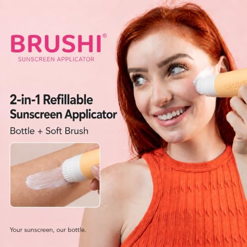 Brushi® Patented Sunscreen Applicator – Refillable Squeezable Bottle with Soft Blending Brush, Mess-Free Sunscreen Applicator for Face & Body, Adults & Kids, Travel Size 3 oz (Orangescicle) - Image 2
