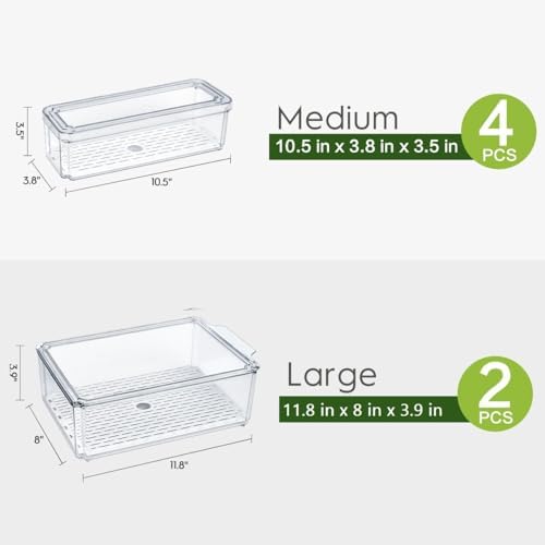 6 Pack Fridge Organizer Bins with Lids, Stackable Clear Storage