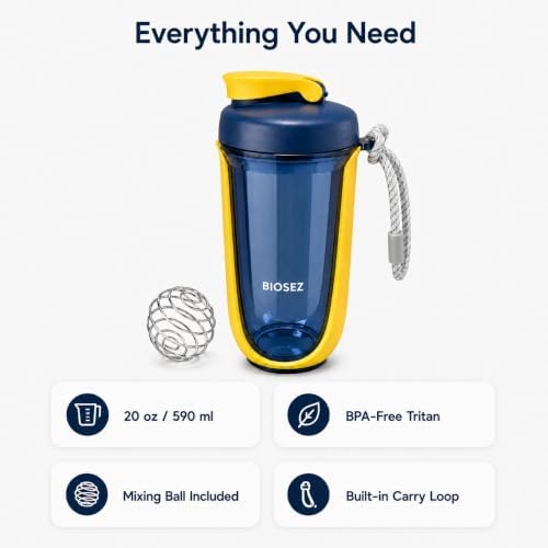 Protein Shaker Bottle, 20 oz BPA-Free Tritan Supplement Shaker Cup with 304 Stainless Steel Mixing Ball, Measurement Markings, Easy Clean, Dishwasher Safe, Yellow