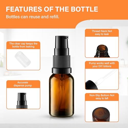 VitalUp 5 Pack Empty Refillable Glass Amber Pump Bottle Ideal for Lotion Cream Essential Oil Travel Small Container,15ml - Image 5