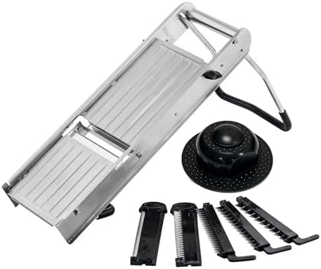 TableCraft 12629 Mandoline Slicer Set, Stainless Steel Adjustable Vegetable Slicer with 5 Interchangeable Blades, Non-Skid Folding Stand, Dishwasher Safe, Commercial Prep Tool by TableCraft
