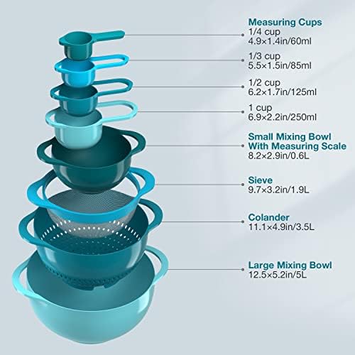 13 Pcs Mixing Bowls Set, RV Camping Accessories Set, Apartment Kitchen Gadget Easy Storage, Inculding Measuring Cups Colander Sifter Large Bowl Whisk Scraper, Great for Cooking and Baking, No BPA