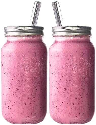 Reusable Freezer Safe Smoothie Cups with Lids and Straws - Mason Drinking Jar (2- 24oz)