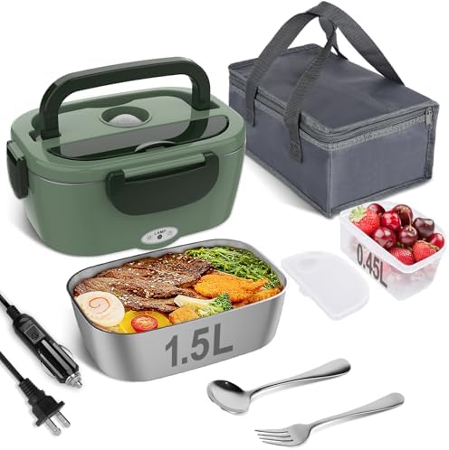 Electric Lunch Box for Adults, 80W Heated Lunch Box Portable Food Warmer Lunch Box for Work/Men/Car/Truck with 1.5L 304 Stainless Steel Container Fork & Spoon, 110V/12V/24V