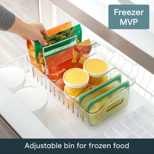 FreezeUp Freezer Bin 15", BPA-Free Clear Fridge Organizer with Adjustable Dividers and Handles for Frozen Food and Leftovers