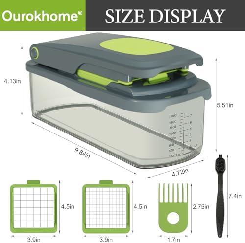 Vegetable Chopper Cutter with Container, Manual Hand Food Veggie Dicer with 2 Chopping Blades for Potato Strips, Onion Cubers, Carrot Sticks, Essential Kitchen Gadgets (2 in 1, Gray)