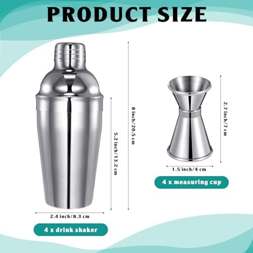 Cocktail Shaker Set Martini Shaker Bulk Stainless Steel Martini Mixer with Strainer and Double Measuring Jigger for Bar Party Home Use Wine Bar (4 Packs)