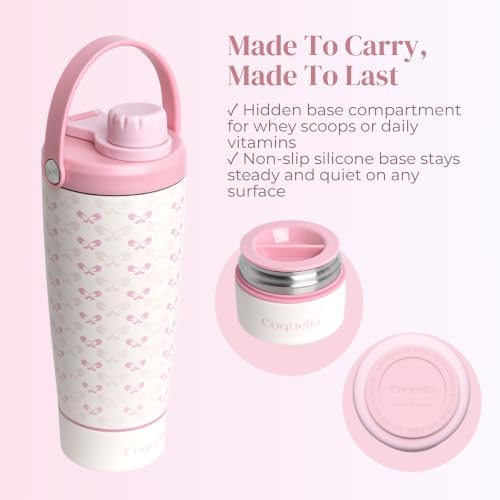 Elanelle 20oz Insulated Stainless Steel Shaker Bottle with Storage Base, Strainer Lid Protein Shaker Cup for Gym, Ball-Free Quiet Mixing, Carry Handle, BPA-Free, Pink/Cream (Cloudy Bow) - Image 3
