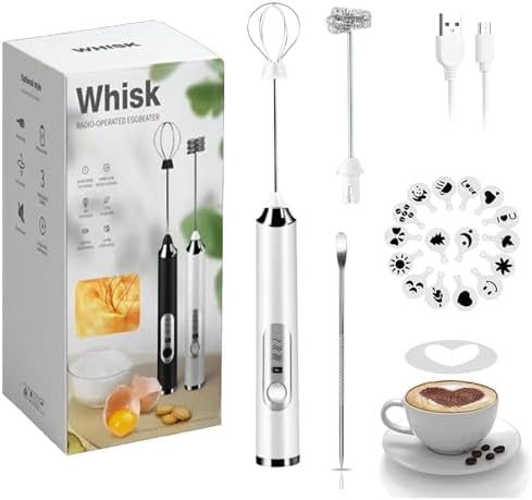 Rechargeable Milk Frother - 3-Speed Electric Handheld Coffee Mixer With 2 Whisks and Decoration Tool, Stand-up Design for Latte, Cappuccino, Cream (White) by JrundMsoxz