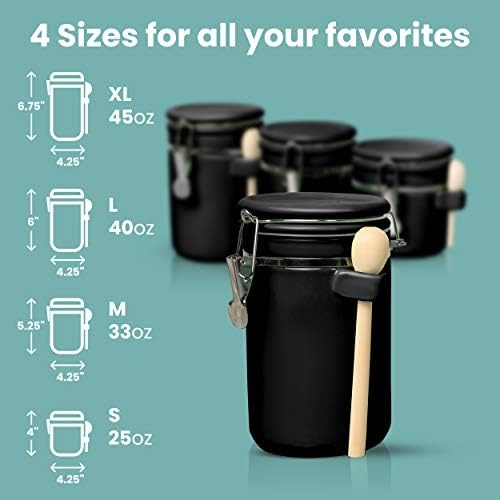 4-Piece Ceramic Kitchen Canisters Set, Airtight Containers with Wooden Spoons Reusable Chalk Labels and Marker for Sugar, Coffee, Flour, Tea (Black)