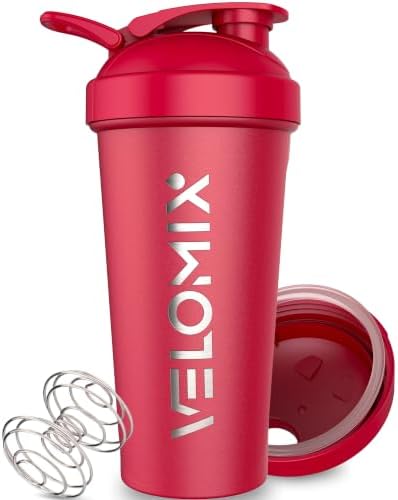 VELOMIX 24oz Stainless Steel Shaker Bottle with Wire Whisk (Red) by VELOMIX