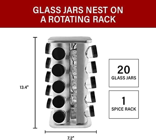 20 Jar Rotating Stainless Steel Spice Rack - No Spices - Black Lids