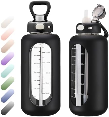64 oz Borosilicate Glass Water Bottle with Straw, Motivational Sports Bottle, Durable Silicone Sleeve, Time Marker, for Gym, Sports, Workout, Daily