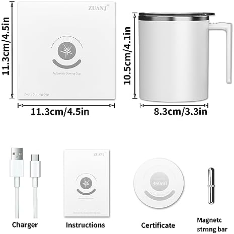 Self Stirring Mug, with Anti-Sedimentation Function, White, 12.2oz