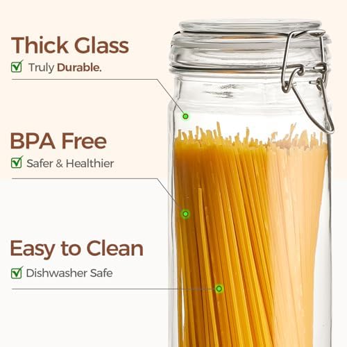 Tall Glass Pasta Containers with Airtight Lids 68 oz 3 Pack Canister