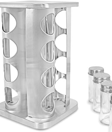 Revolving Spice Rack - Seasoning Storage with 16 Jars - Modern Stainless Steel Spinning Tower for Kitchen Countertop - Rotating Spice and Pantry Holder with Pre-Printed Labels - Square